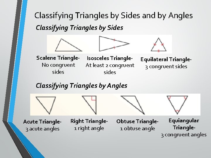 Classifying Triangles by Sides and by Angles Classifying Triangles by Sides Scalene Triangle- Isosceles