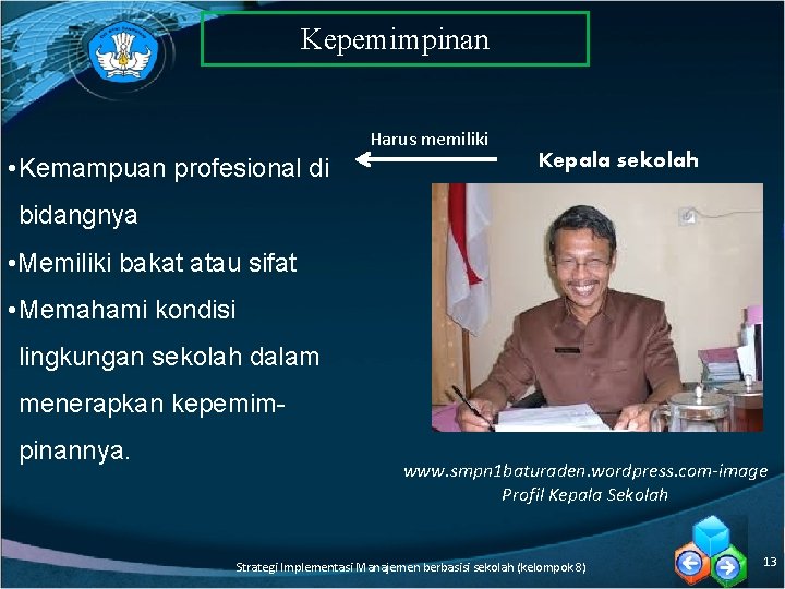 Kepemimpinan Harus memiliki • Kemampuan profesional di Kepala sekolah bidangnya • Memiliki bakat atau