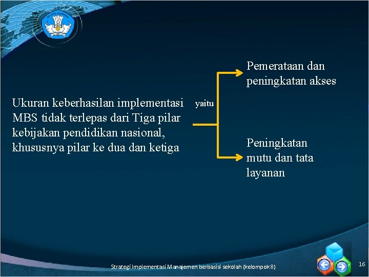 Pemerataan dan peningkatan akses Ukuran keberhasilan implementasi MBS tidak terlepas dari Tiga pilar kebijakan