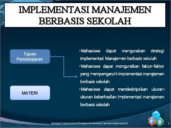 IMPLEMENTASI MANAJEMEN BERBASIS SEKOLAH Tujuan Pembelajaran • Mahasiswa dapat menguraikan strategi implementasi Manajemen berbasis