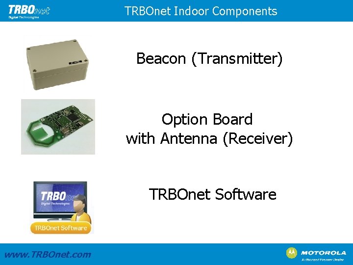 TRBOnet Indoor Components Beacon (Transmitter) Option Board with Antenna (Receiver) TRBOnet Software www. TRBOnet.