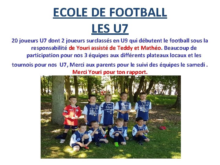 ECOLE DE FOOTBALL LES U 7 20 joueurs U 7 dont 2 joueurs surclassés