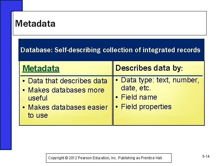 Metadata Database: Self-describing collection of integrated records Metadata Describes data by: • Data that