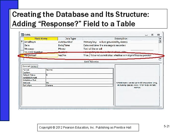 Creating the Database and Its Structure: Adding “Response? ” Field to a Table Copyright