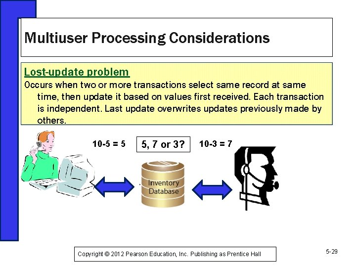 Multiuser Processing Considerations Lost-update problem Occurs when two or more transactions select same record