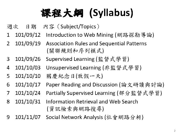 課程大綱 (Syllabus) 週次 日期 內容（Subject/Topics） 1 101/09/12 Introduction to Web Mining (網路探勘導論) 2 101/09/19