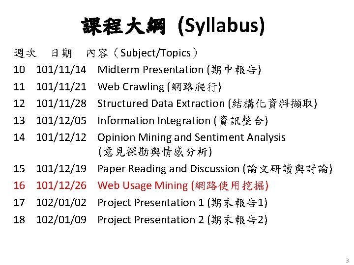 課程大綱 (Syllabus) 週次 日期 內容（Subject/Topics） 10 101/11/14 Midterm Presentation (期中報告) 11 101/11/21 Web Crawling