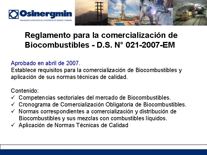 Reglamento para la comercialización de Biocombustibles - D. S. N° 021 -2007 -EM Aprobado