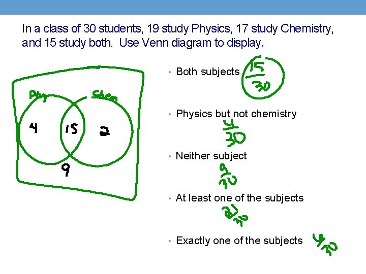 In a class of 30 students, 19 study Physics, 17 study Chemistry, and 15