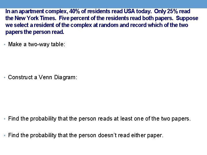 In an apartment complex, 40% of residents read USA today. Only 25% read the