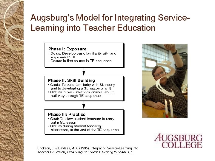 Augsburg’s Model for Integrating Service. Learning into Teacher Education Erickson, J. & Bayless, M.