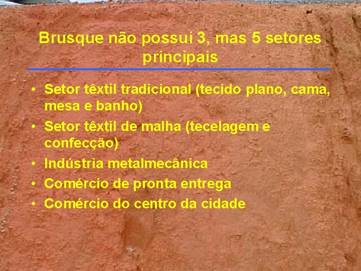 Brusque não possui 3, mas 5 setores principais • Setor têxtil tradicional (tecido plano, Brusque não possui 3, mas 5 setores principais • Setor têxtil tradicional (tecido plano,