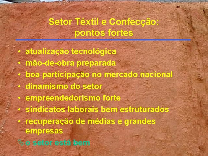 Setor Têxtil e Confecção: pontos fortes • • atualização tecnológica mão-de-obra preparada boa participação Setor Têxtil e Confecção: pontos fortes • • atualização tecnológica mão-de-obra preparada boa participação