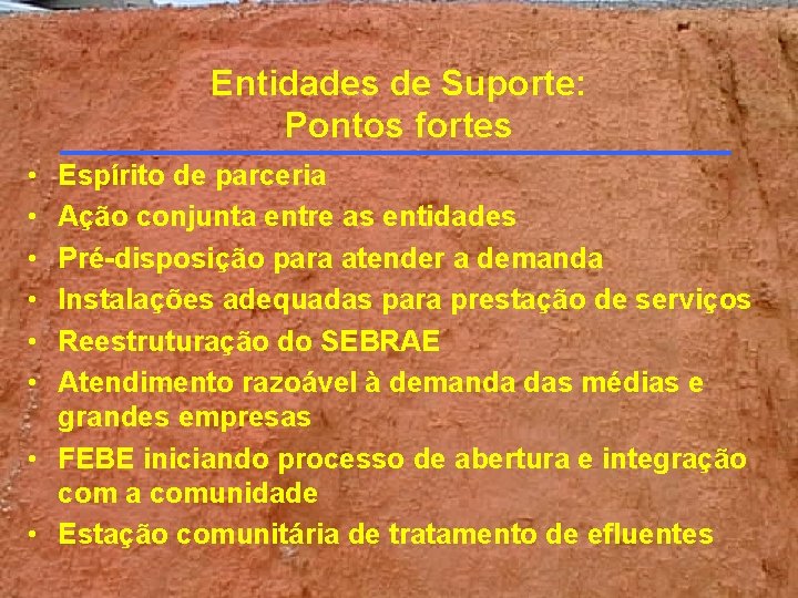 Entidades de Suporte: Pontos fortes • • • Espírito de parceria Ação conjunta entre Entidades de Suporte: Pontos fortes • • • Espírito de parceria Ação conjunta entre