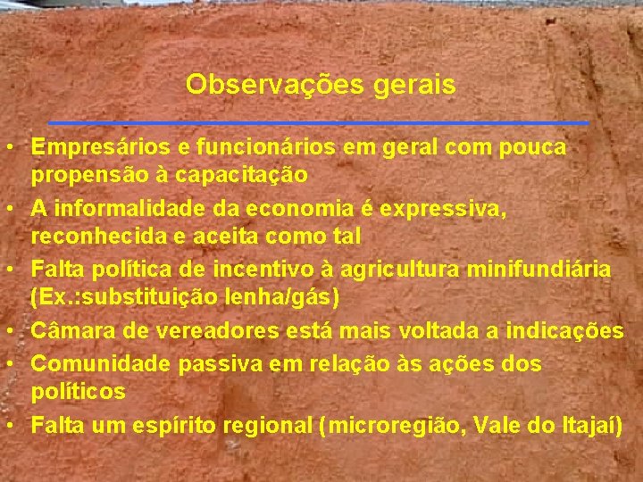 Observações gerais • Empresários e funcionários em geral com pouca propensão à capacitação • Observações gerais • Empresários e funcionários em geral com pouca propensão à capacitação •