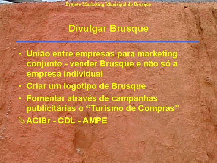Projeto Marketing Municipal de Brusque Divulgar Brusque • União entre empresas para marketing conjunto Projeto Marketing Municipal de Brusque Divulgar Brusque • União entre empresas para marketing conjunto