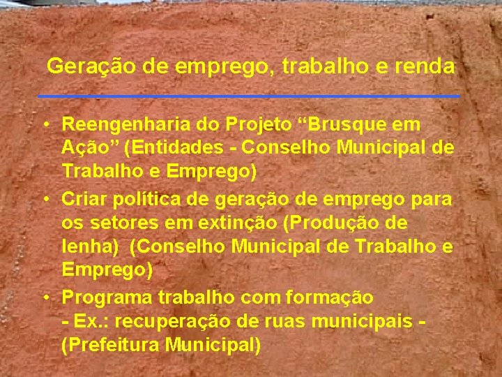 Geração de emprego, trabalho e renda • Reengenharia do Projeto “Brusque em Ação” (Entidades Geração de emprego, trabalho e renda • Reengenharia do Projeto “Brusque em Ação” (Entidades