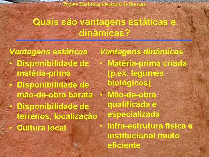 Projeto Marketing Municipal de Brusque Quais são vantagens estáticas e dinâmicas? Vantagens estáticas Vantagens Projeto Marketing Municipal de Brusque Quais são vantagens estáticas e dinâmicas? Vantagens estáticas Vantagens