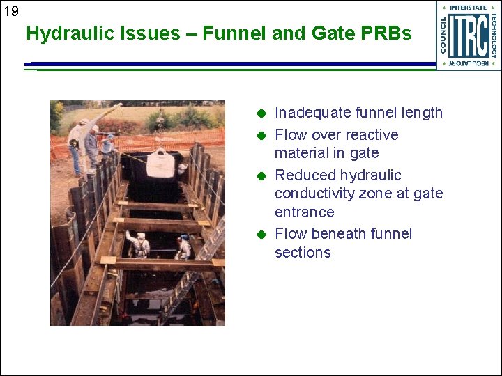 19 Hydraulic Issues – Funnel and Gate PRBs u u Inadequate funnel length Flow