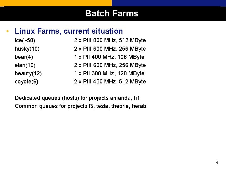 Batch Farms • Linux Farms, current situation ice(~50) husky(10) bear(4) elan(10) beauty(12) coyote(6) 2