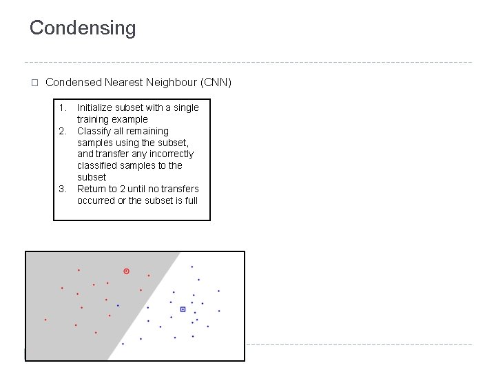 Condensing � Condensed Nearest Neighbour (CNN) 1. 2. 3. Initialize subset with a single