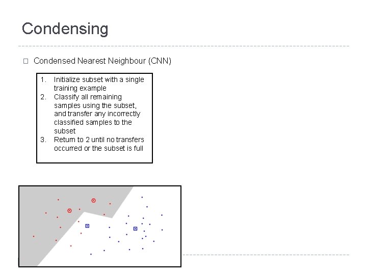 Condensing � Condensed Nearest Neighbour (CNN) 1. 2. 3. Initialize subset with a single