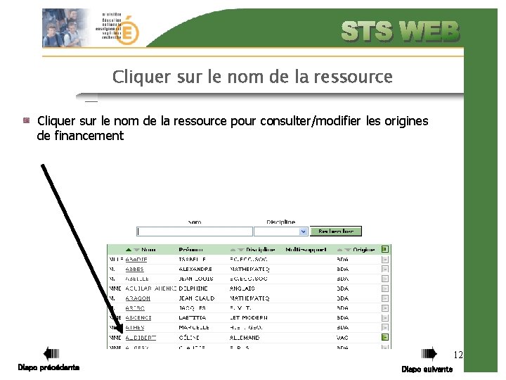 Cliquer sur le nom de la ressource pour consulter/modifier les origines de financement 12