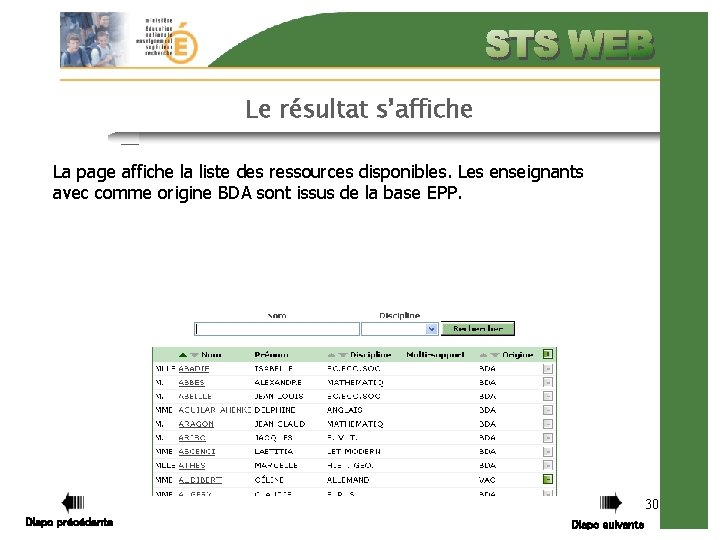 Le résultat s’affiche La page affiche la liste des ressources disponibles. Les enseignants avec