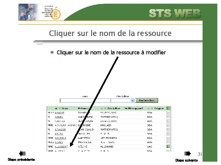 Cliquer sur le nom de la ressource à modifier 31 Diapo précédente Diapo suivante