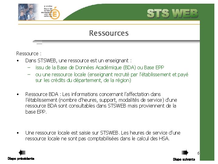 Ressources Ressource : • Dans STSWEB, une ressource est un enseignant : – issu