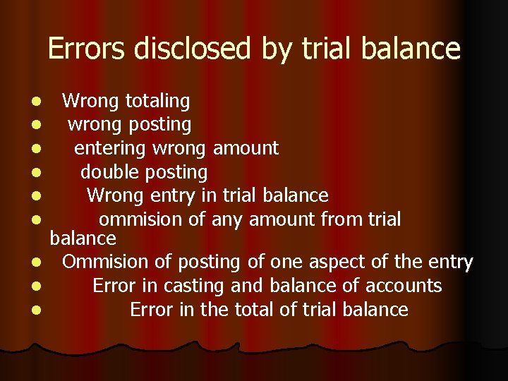 Errors disclosed by trial balance l l l l l Wrong totaling wrong posting