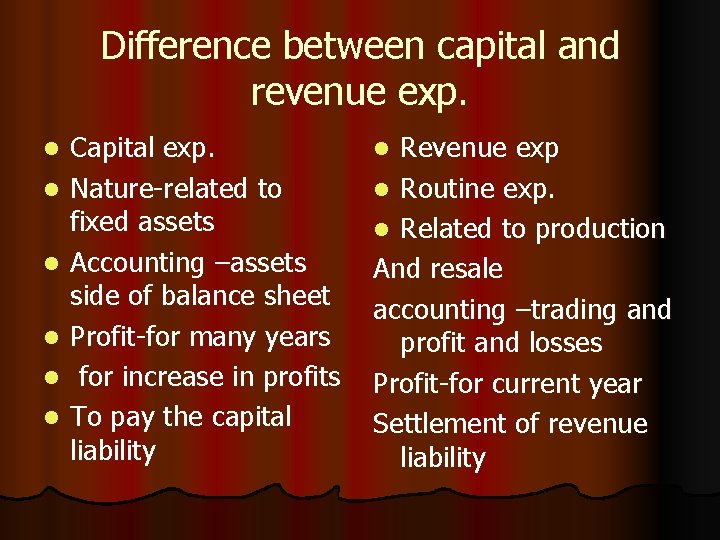 Difference between capital and revenue exp. l l l Capital exp. Nature-related to fixed