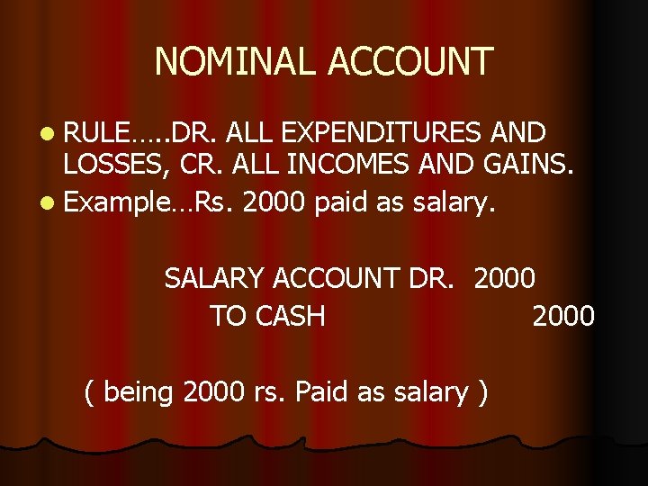 NOMINAL ACCOUNT l RULE…. . DR. ALL EXPENDITURES AND LOSSES, CR. ALL INCOMES AND
