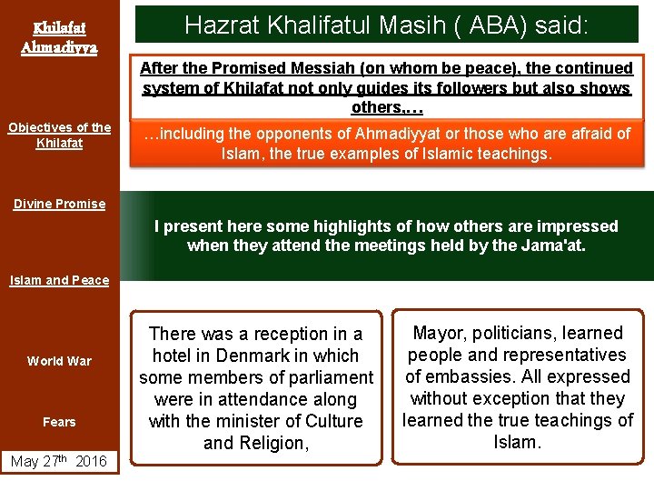 Khilafat Ahmadiyya Objectives of the Khilafat Hazrat Khalifatul Masih ( ABA) said: After the