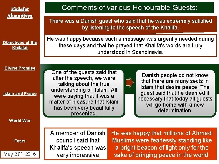 Khilafat Ahmadiyya Objectives of the Khilafat Divine Promise Islam and Peace Comments of various