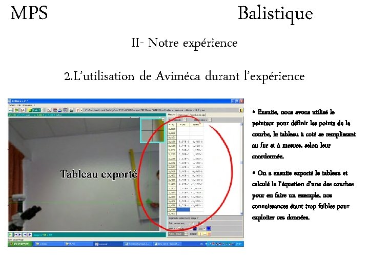 MPS Balistique II- Notre expérience 2. L’utilisation de Aviméca durant l’expérience • Ensuite, nous