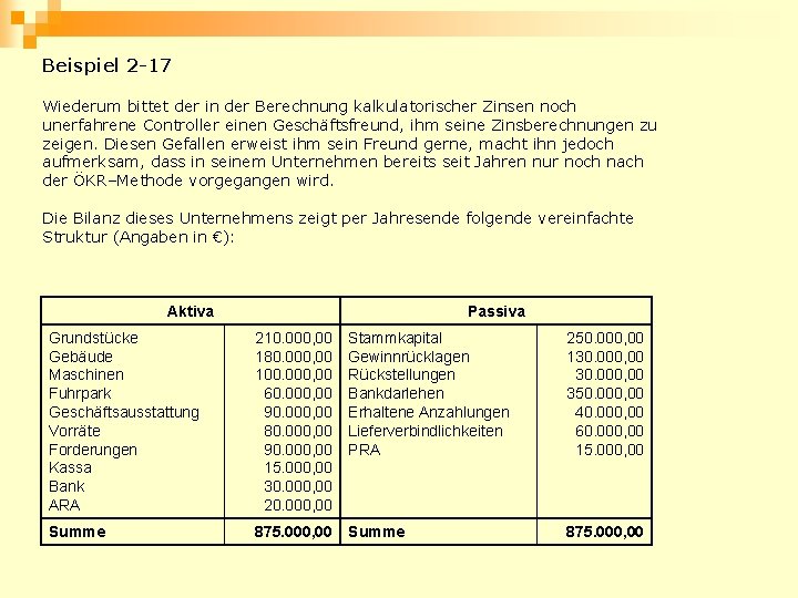 Beispiel 2 -17 Wiederum bittet der in der Berechnung kalkulatorischer Zinsen noch unerfahrene Controller