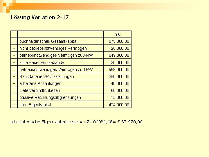 Lösung Variation 2 -17 in € buchhalterisches Gesamtkapital 875. 000, 00 – nicht betriebsnotwendiges