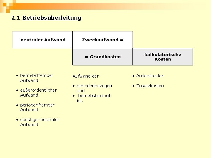 2. 1 Betriebsüberleitung • betriebsfremder Aufwand der • Anderskosten • außerordentlicher Aufwand • periodenbezogen