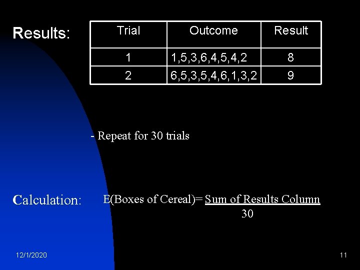 Results: Trial Outcome Result 1 2 1, 5, 3, 6, 4, 5, 4, 2