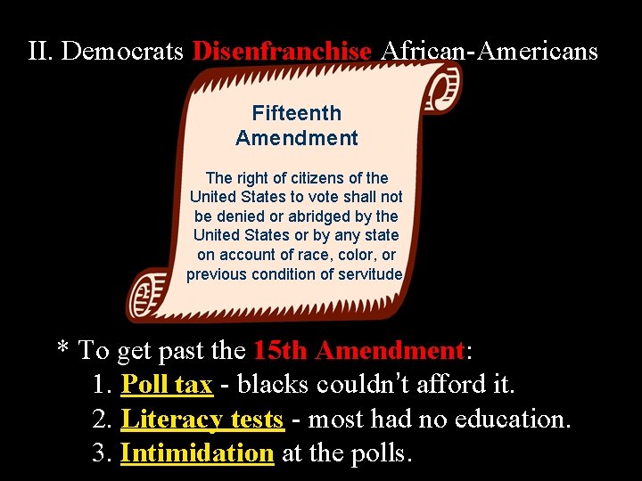 II. Democrats Disenfranchise African-Americans Fifteenth Amendment The right of citizens of the United States