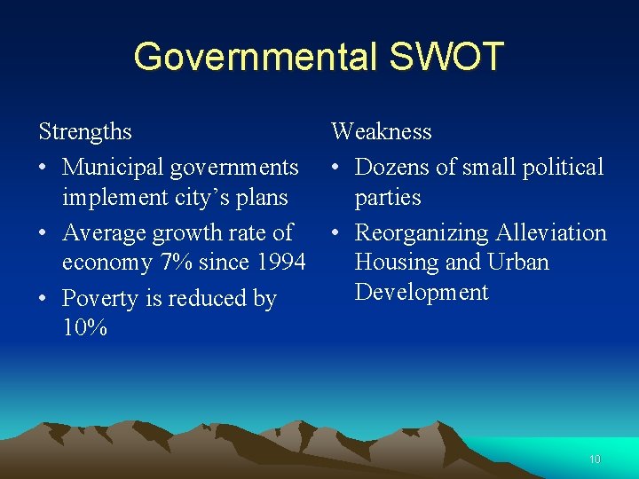 Governmental SWOT Strengths • Municipal governments implement city’s plans • Average growth rate of