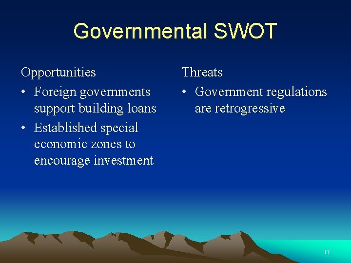 Governmental SWOT Opportunities • Foreign governments support building loans • Established special economic zones