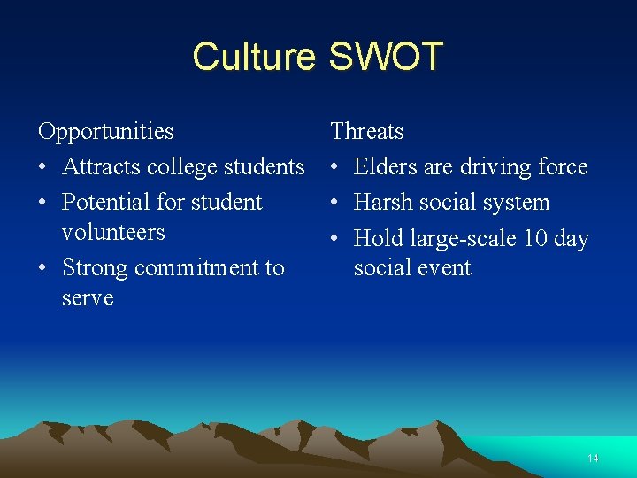 Culture SWOT Opportunities • Attracts college students • Potential for student volunteers • Strong