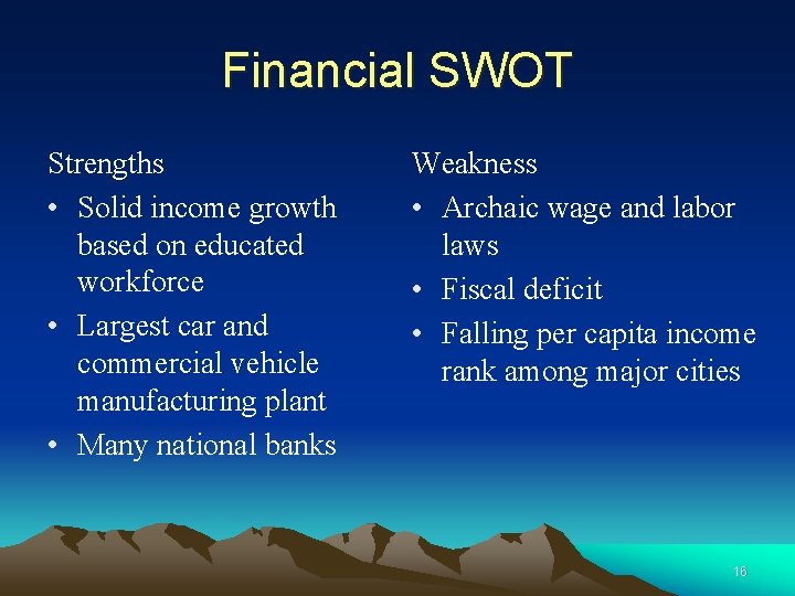 Financial SWOT Strengths • Solid income growth based on educated workforce • Largest car