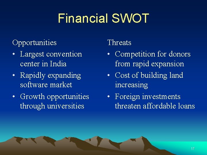 Financial SWOT Opportunities • Largest convention center in India • Rapidly expanding software market