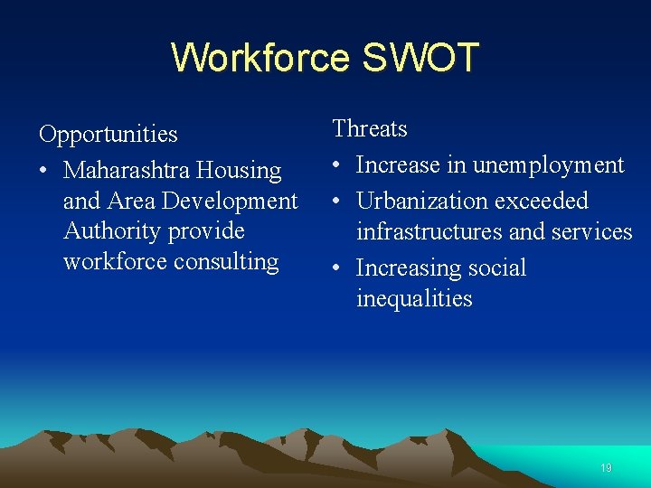 Workforce SWOT Opportunities • Maharashtra Housing and Area Development Authority provide workforce consulting Threats