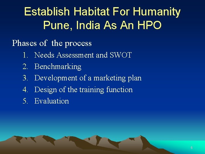 Establish Habitat For Humanity Pune, India As An HPO Phases of the process 1.