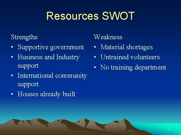 Resources SWOT Strengths • Supportive government • Business and Industry support • International community