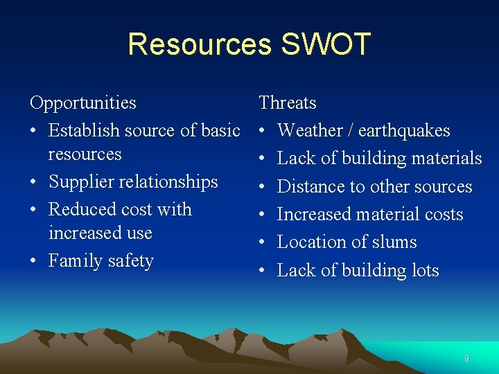 Resources SWOT Opportunities • Establish source of basic resources • Supplier relationships • Reduced